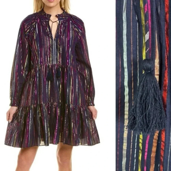 Roller Rabbit Janni Rainbow Lurex Stripe Tiered Dress Dark Navy Size XS NWT - Picture 1 of 13